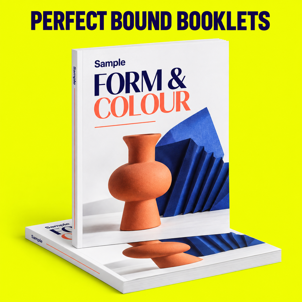 Perfect Bound Booklets mockup on a neon yellow background
