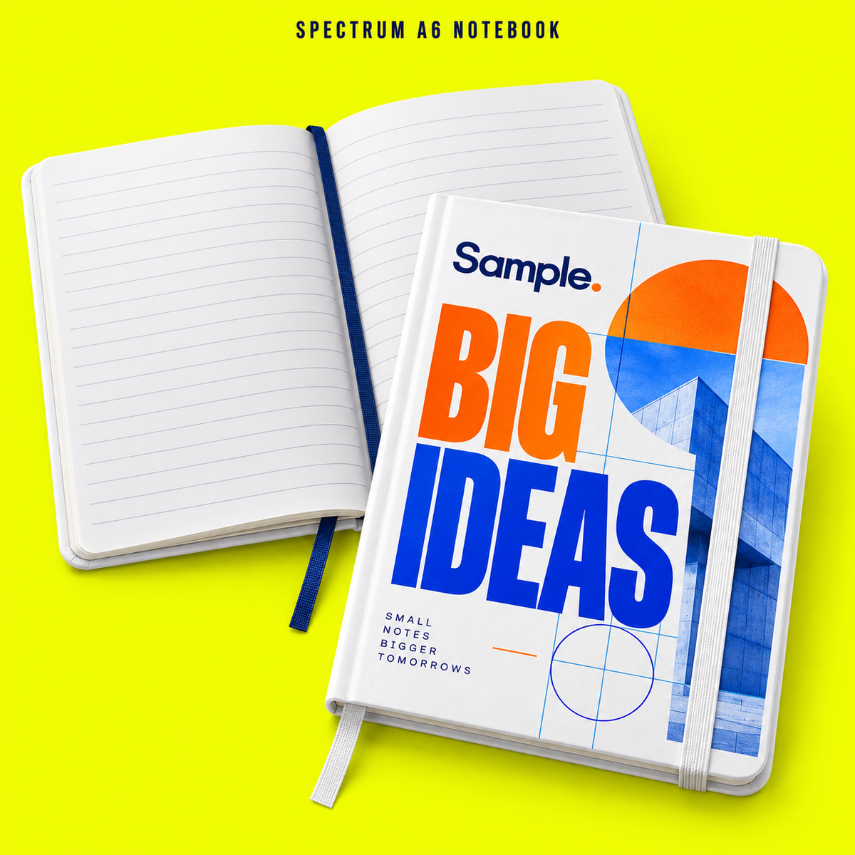 Spectrum A6 Notebook mockup on a neon yellow background