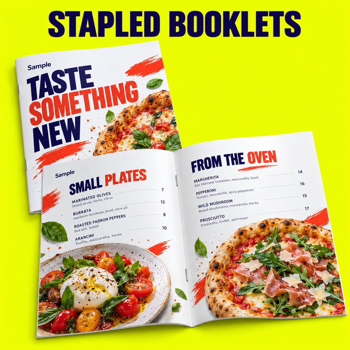 Stapled Booklets mockup on a neon yellow background