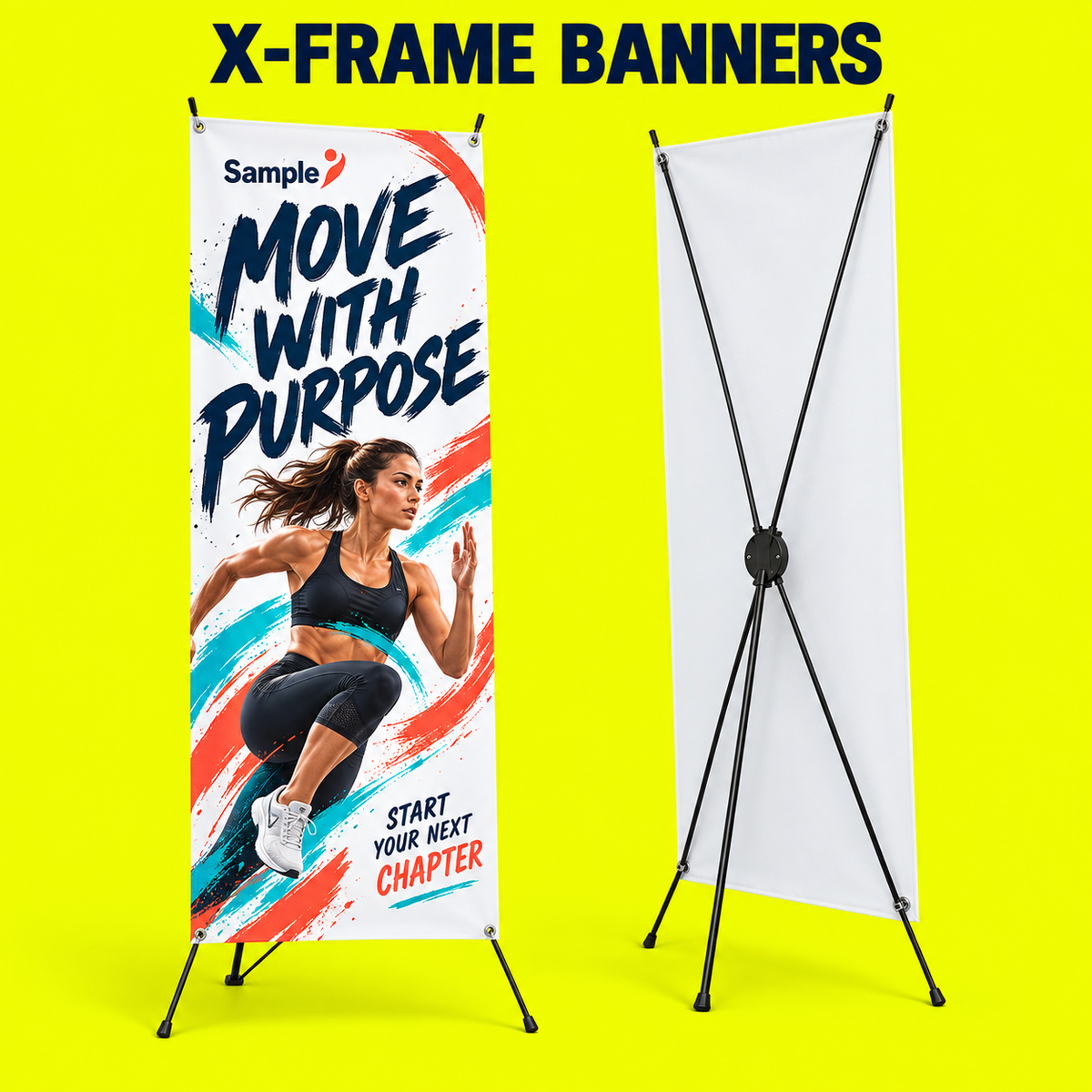 X-Frame Banners mockup on a neon yellow background