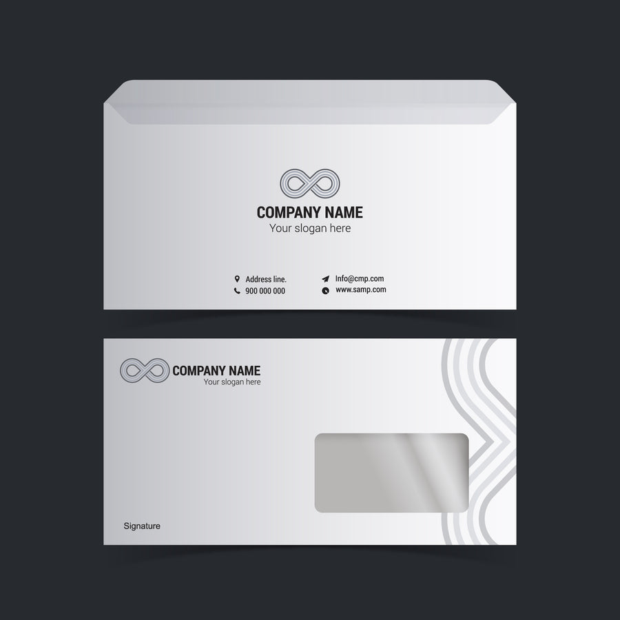 White standard envelopes, back and window front, with grey sample company branding on a dark background