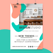 Classic poster with a sample interior design studio layout hanging from clips against a coral and teal background