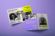 Half-fold leaflet shown open and closed with a sample eyewear brand design on a lilac background