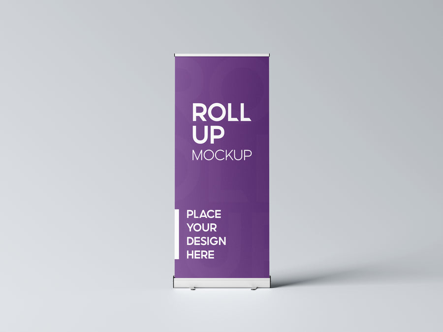 Purple roller banner with a sample design standing upright on its base against a plain grey background