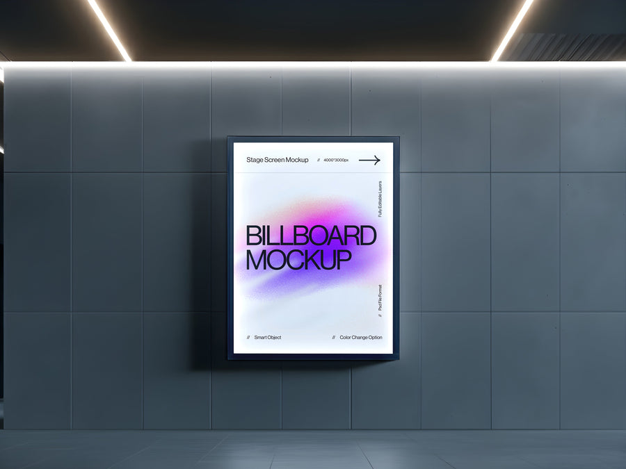 Backlit poster with a purple gradient sample design glowing in an illuminated wall frame in a modern grey interior