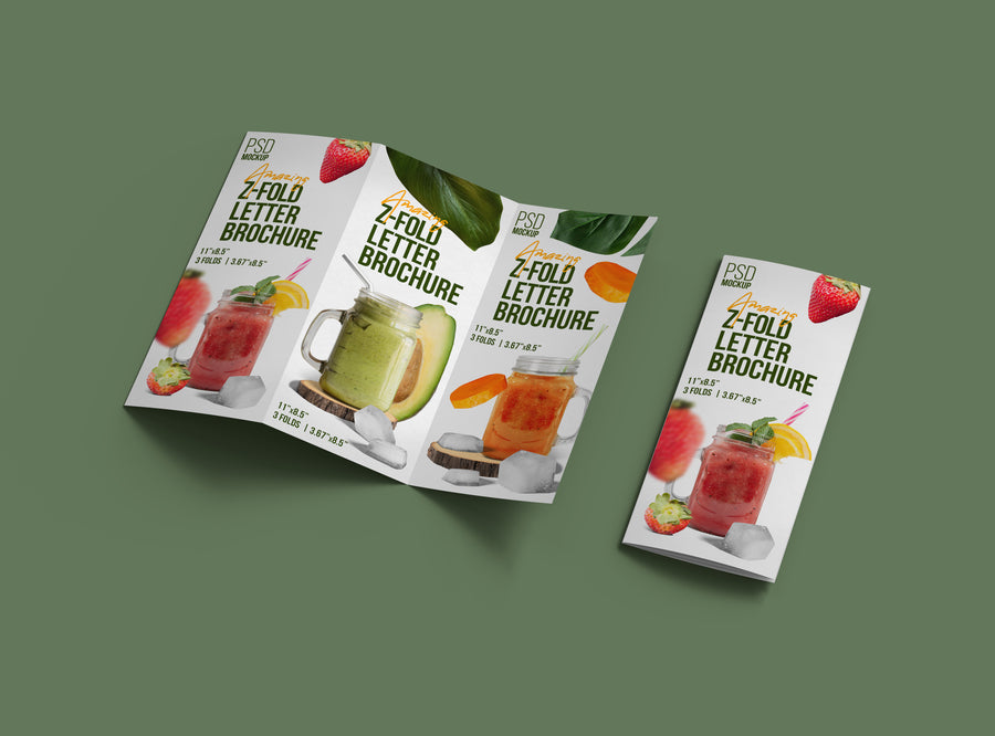 Z-fold leaflet shown open and folded with a sample smoothie and fruit design on a green background
