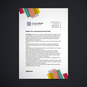 Sample letterhead with colourful corner blocks, a placeholder company logo and contact details on a dark background