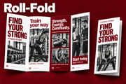 Four-panel roll-fold leaflet shown open and folded with a sample fitness studio design on red