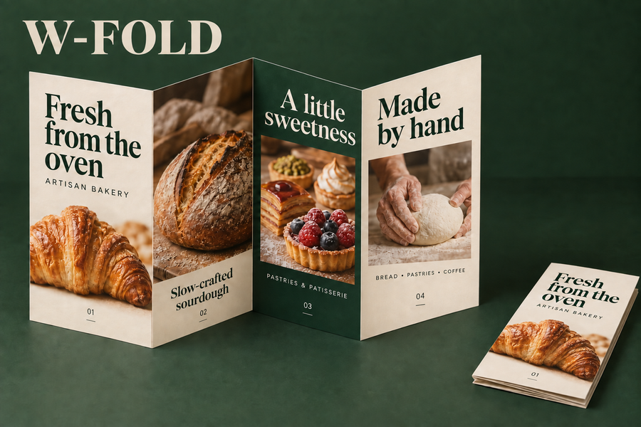 Four-panel W-fold leaflet standing open beside a folded stack, with a sample bakery design on dark green