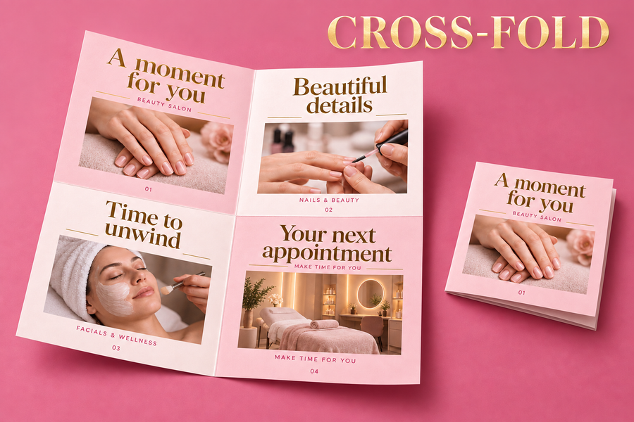 Cross-fold leaflet opened to four panels beside a folded copy, with a pink beauty salon sample design