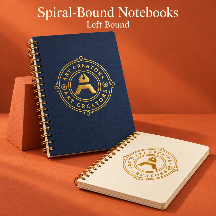 Navy and cream left-bound spiral-bound notebooks with gold wire and a gold Art Creators logo