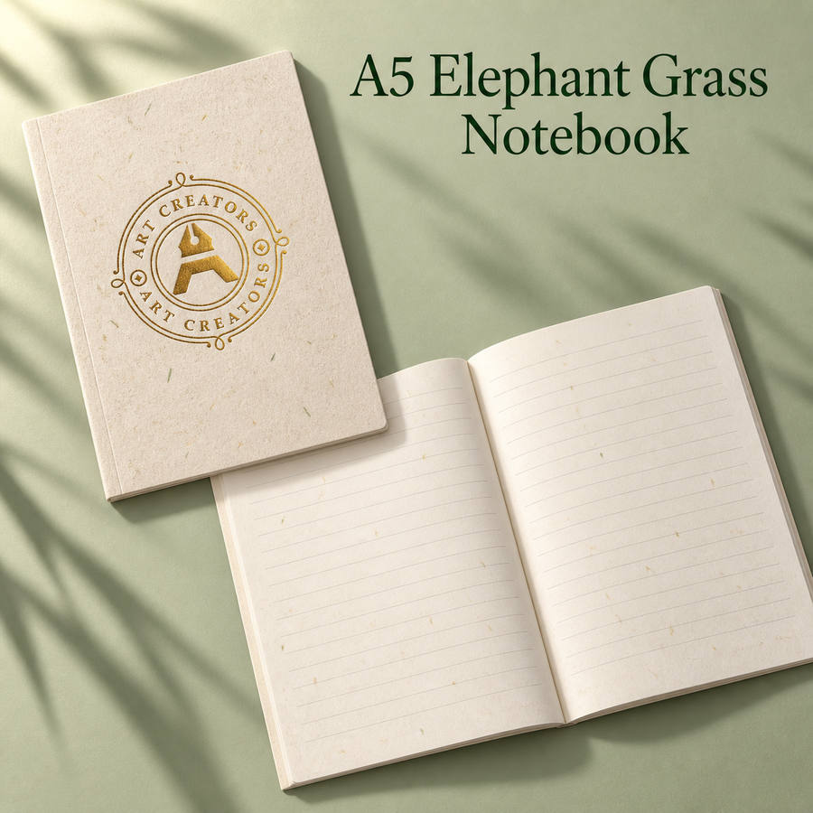 A5 elephant grass notebook with a gold Art Creators logo, beside an open copy with lined pages