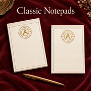 Two cream lined classic notepads with a gold Art Creators logo, beside a gold pen on red velvet