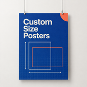 Blue custom size poster with measuring arrows and overlapping frames, hanging from clips on a white wall