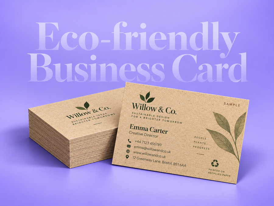 Stack of kraft-style eco-friendly business cards with a green leaf sample design on a lilac background
