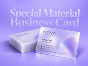 Stack of frosted clear special material business cards with an iridescent sample design on a lilac background