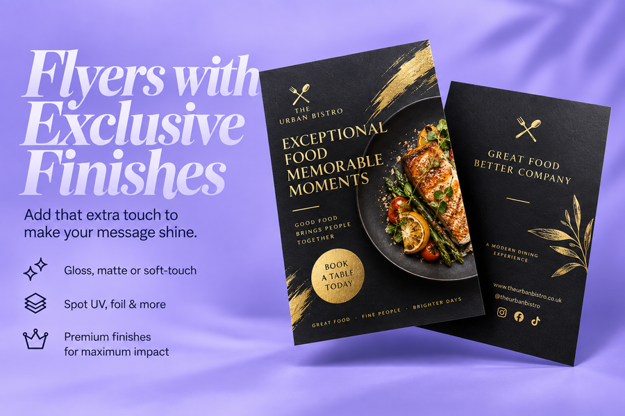 Black flyers with exclusive finishes and gold accents, showing a sample restaurant design on a lilac background