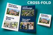 Cross-fold leaflet opened to four panels beside a folded copy, with an estate agency sample design on teal