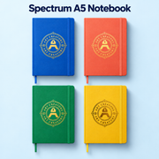 Four Spectrum A5 notebooks in blue, orange, green and yellow, each with a gold Art Creators logo