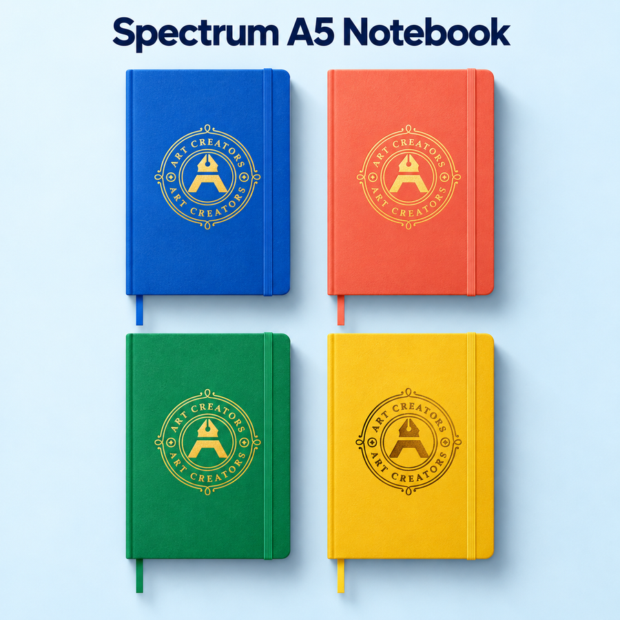 Four Spectrum A5 notebooks in blue, orange, green and yellow, each with a gold Art Creators logo