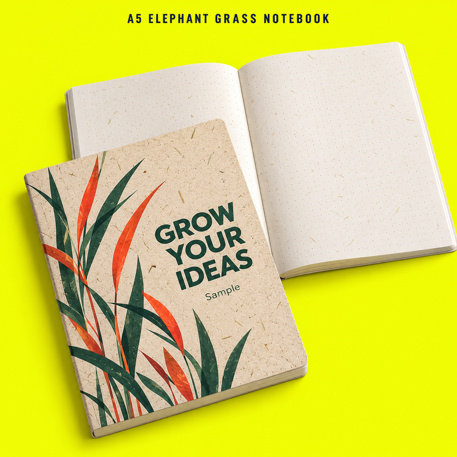 A5 Elephant Grass Notebook mockup on a neon yellow background