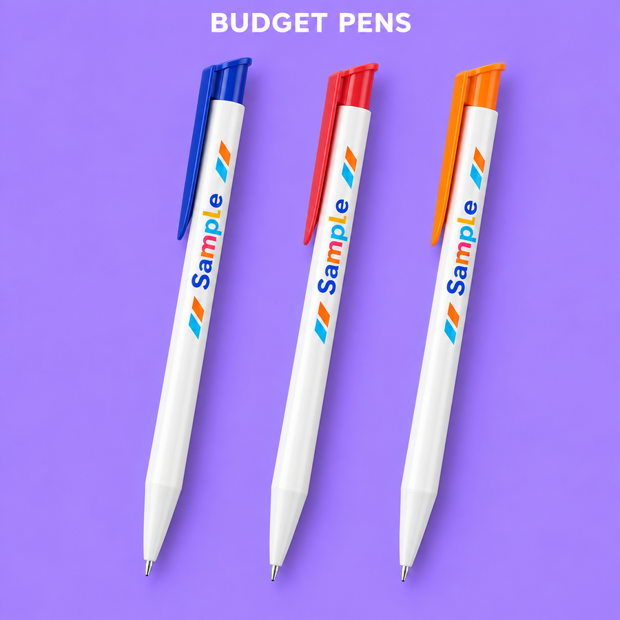 Budget Pens mockup on a purple background
