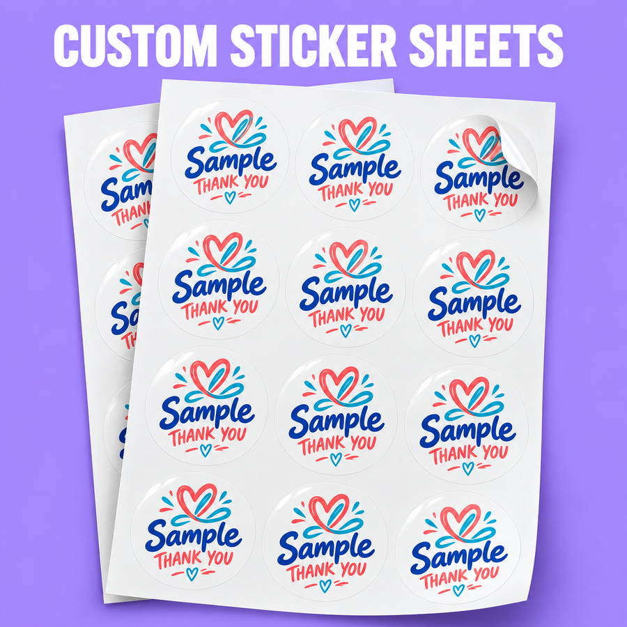 Custom Sticker Sheets mockup on a purple background