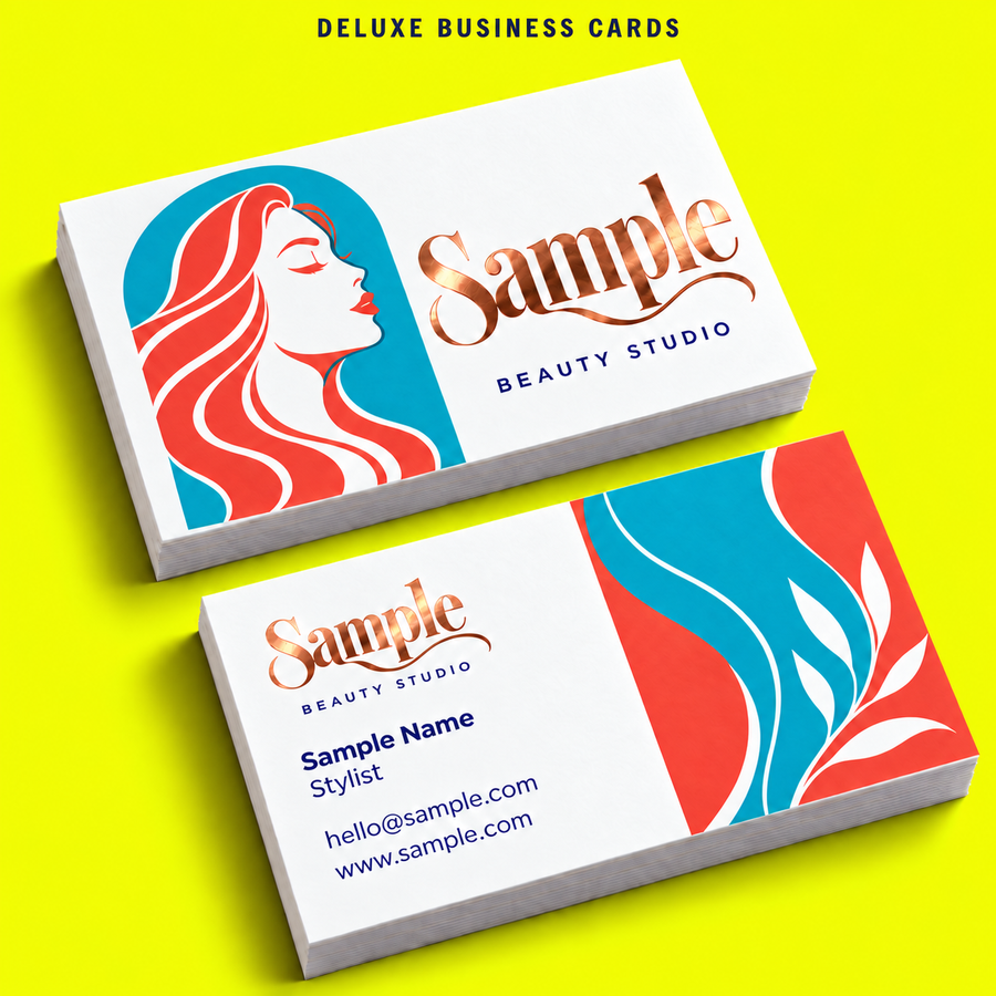 Deluxe Business Cards mockup on a neon yellow background