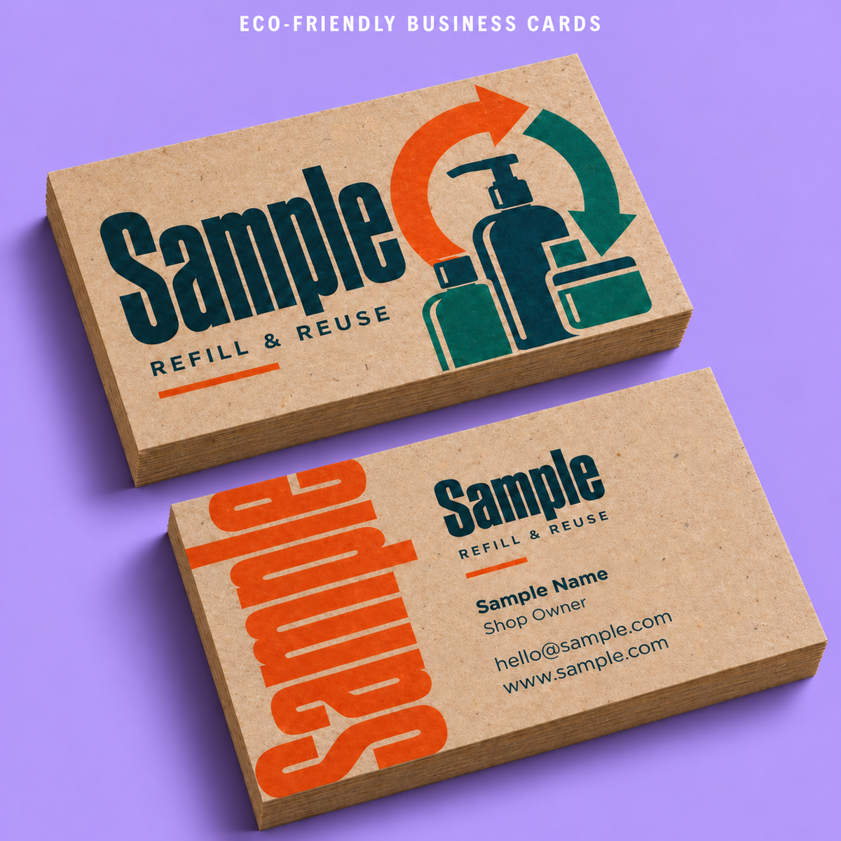 Eco-friendly Business Cards mockup on a purple background
