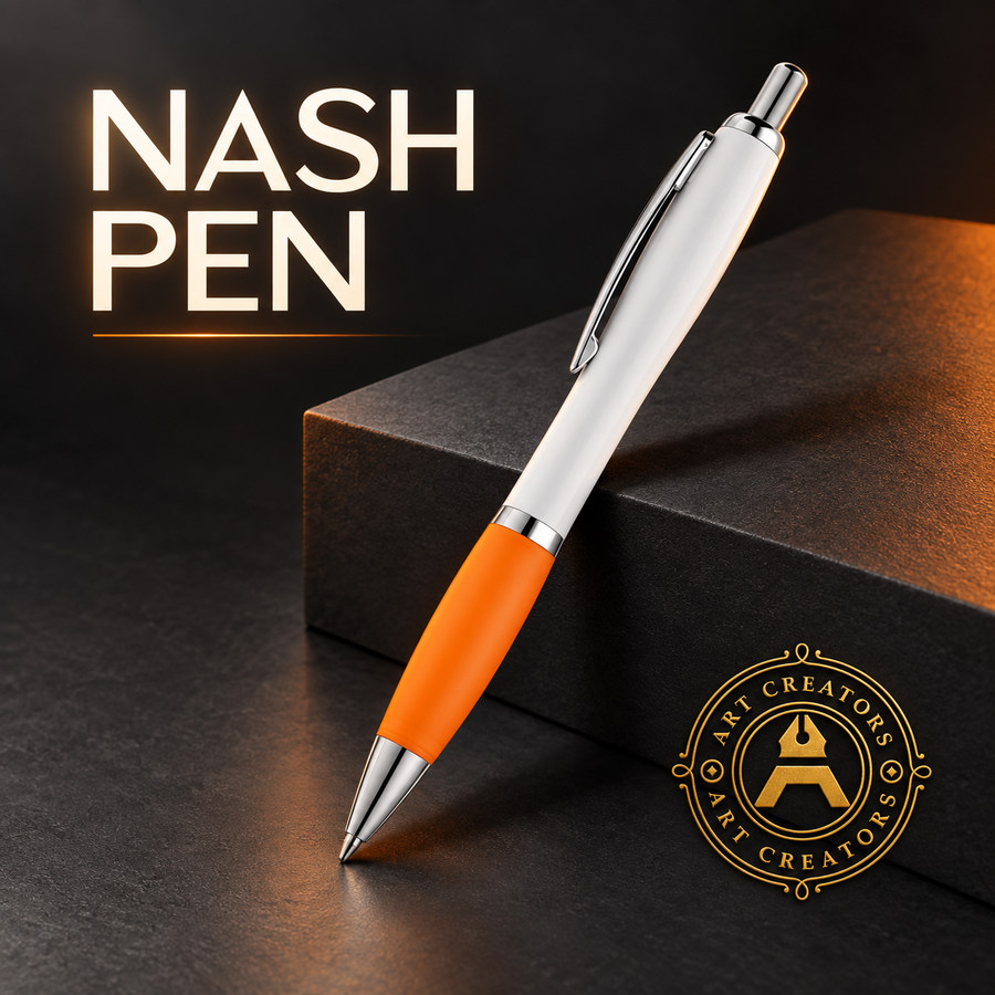Nash Pen with a white barrel, orange grip and chrome clip, leaning on a dark box beside the Art Creators logo