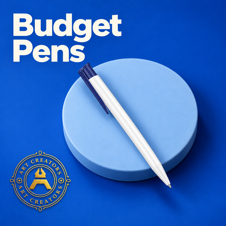 White Budget Pen with a navy clip on a light blue round stand, beside the Art Creators logo on bright blue