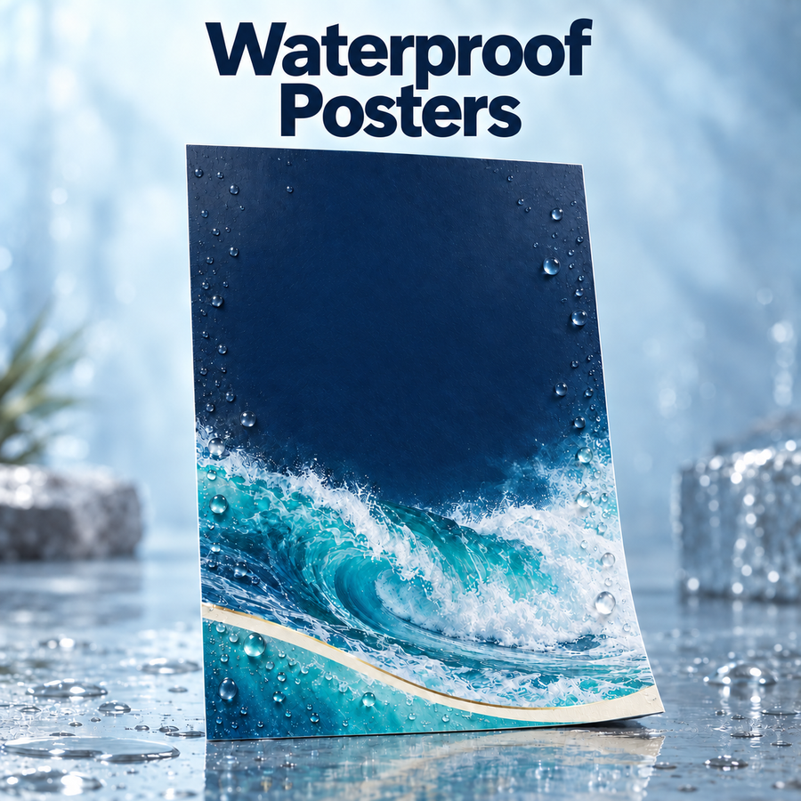 Waterproof poster with an ocean wave design standing on a wet surface covered in water droplets