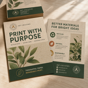 Kraft-style eco flyers with a green leaf Art Creators sample design on a wooden table