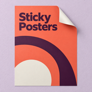 Orange sticky poster with a bold sample design and a peeled-back corner on a lilac textured background
