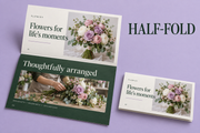 Landscape half-fold leaflet shown open and closed with a sample florist design on a lilac background