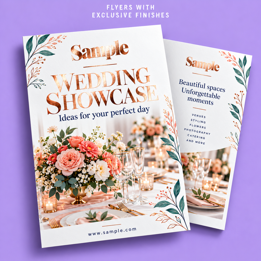 Flyers with Exclusive Finishes mockup on a purple background