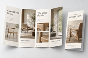 Four-panel roll-fold leaflet shown open and folded with a sample furniture brochure design on light grey