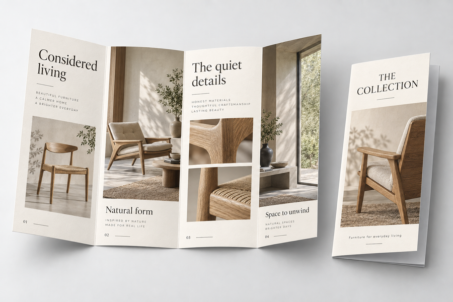 Four-panel roll-fold leaflet shown open and folded with a sample furniture brochure design on light grey
