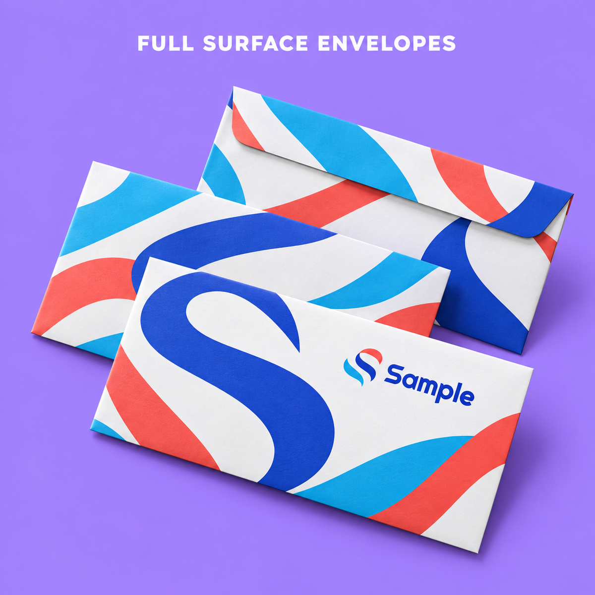Full Surface Envelopes mockup on a purple background