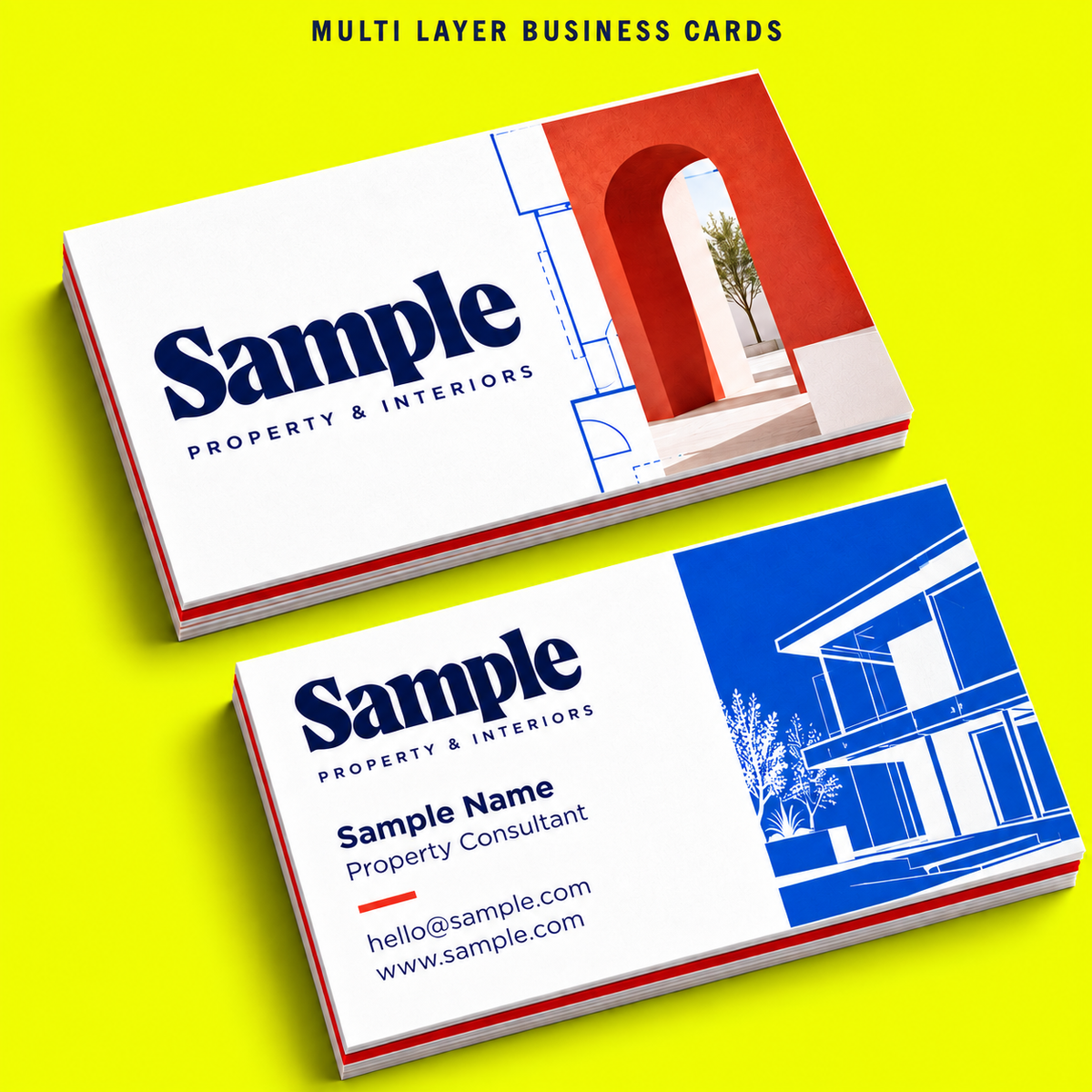 Multi Layer Business Cards mockup on a neon yellow background