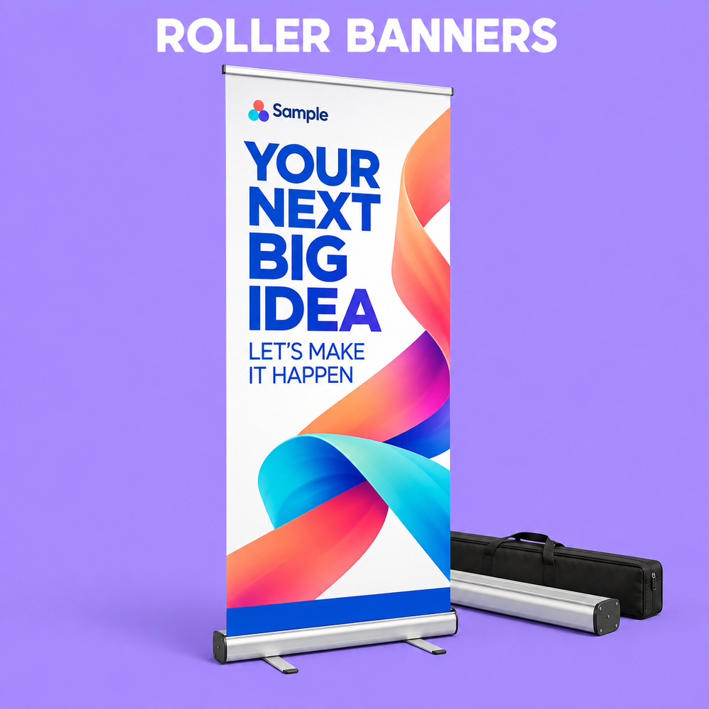 Roller Banners mockup on a purple background