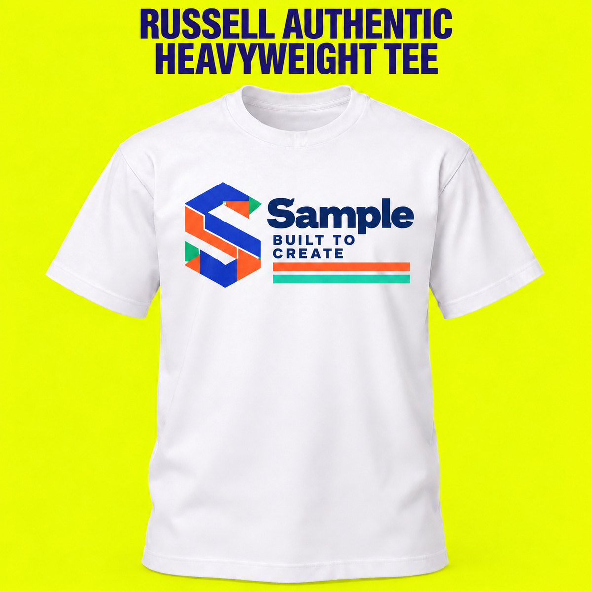 Russell Authentic Heavyweight Tee mockup on a neon yellow background