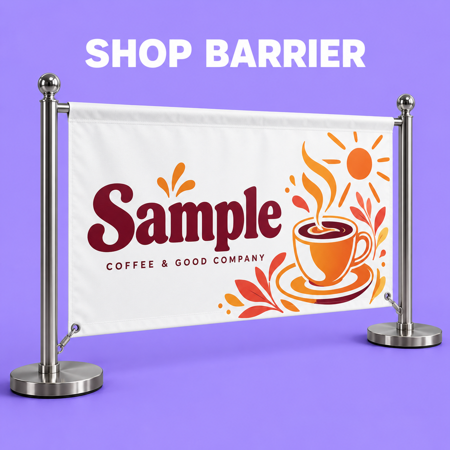 Shop Barrier mockup on a purple background