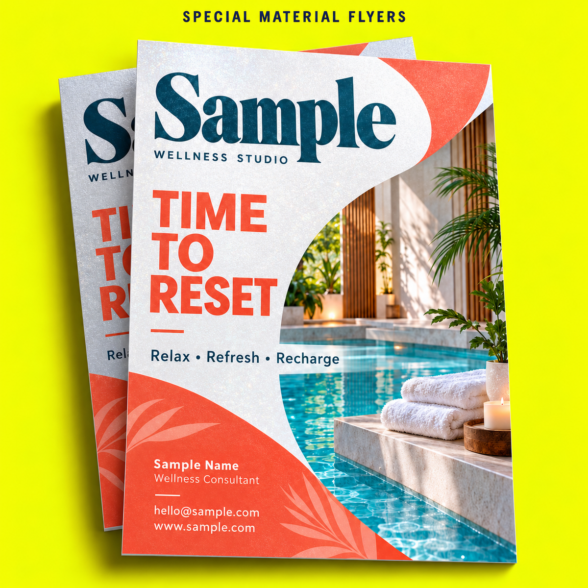 Special Material Flyers mockup on a neon yellow background