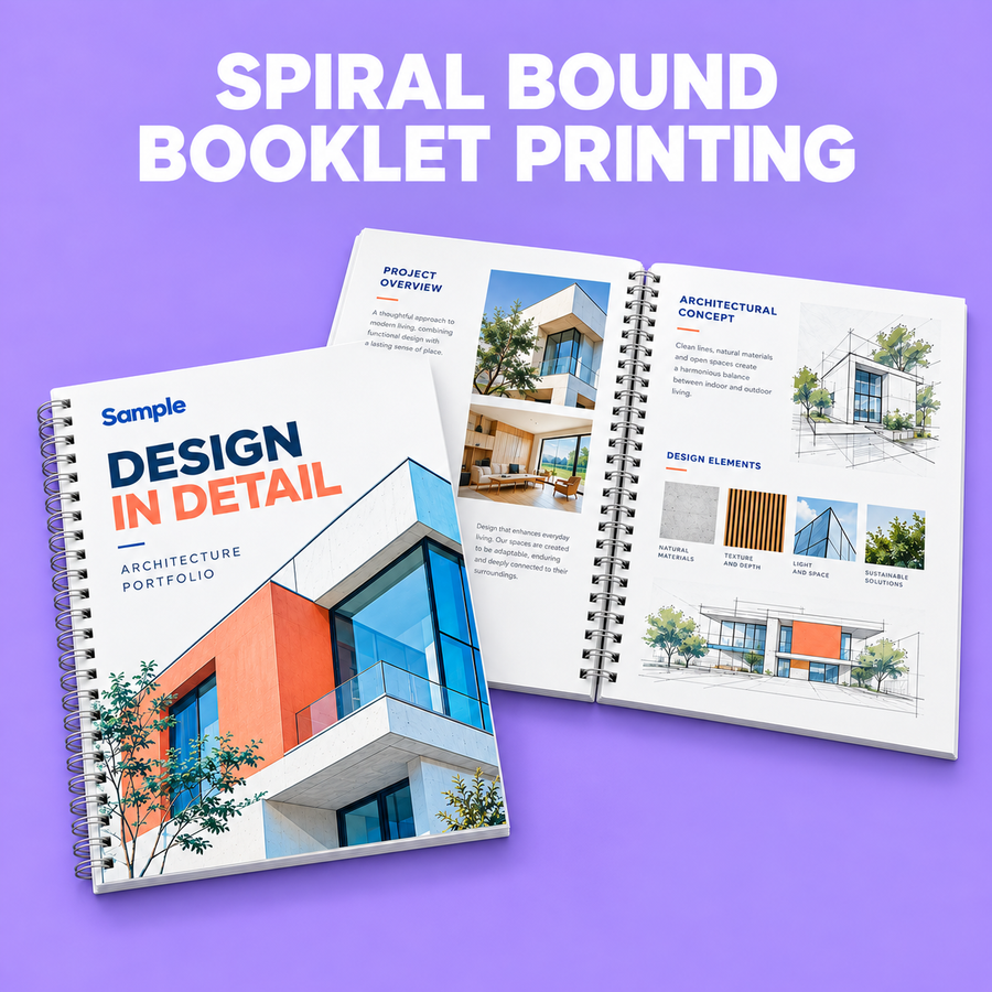 Spiral Bound Booklet Printing mockup on a purple background